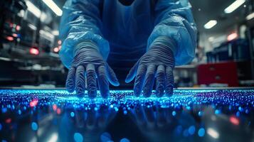 Gloved hands of surgeon are poised above scalpel reflecting cool blue tones of operating room. moment emphasizes precision and responsibility inherent in surgical procedures photo