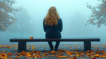 Curly blonde haired girl sits on wooden bench in foggy park. Surrounding her are scattered fallen leaves enhance peaceful mood of autumn landscape photo