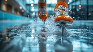 speed skater propels forward on ice their blade expertly carving clean trail while fine ice particles spray into air showcasing athleticism and momentum photo