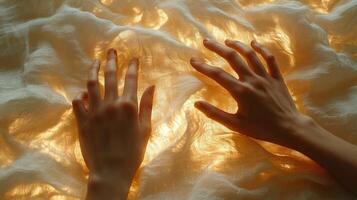 Gentle hands glide over luxurious silk sheets illuminated flickering candlelight casting enchanting shadows evoke feelings of warmth and intimacy. perfect moment of indulgence photo
