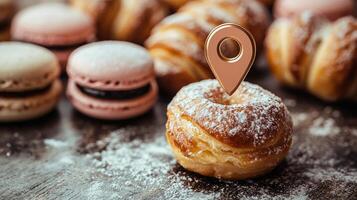 Freshly baked croissants doughnuts and macarons create delightful geolocation pin beautifully arranged on wooden countertop showcasing warm golden tones amid pastel bakery vibes photo