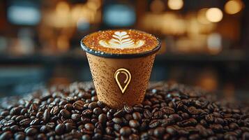 creative coffee shop advertisement showcases geolocation pin crafted from coffee beans cappuccino its center. Warm lighting enhances inviting atmosphere perfect for coffee lovers photo