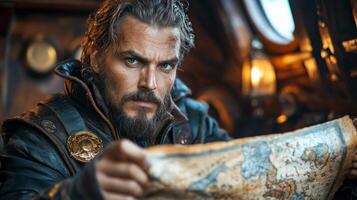 determined Spanish explorer examines weathered map in dim wooden cabin filled glow of candlelight. His scarred face and unkempt beard tell tales of adventure and hardship photo
