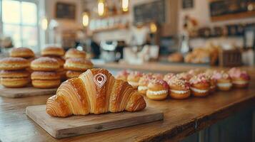 Warm tones of freshly baked croissants doughnuts and macarons are artistically arranged on wooden countertop inviting everyone indulge in sweet celebrations photo