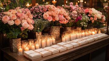 Delicate jewelry box lined silk reveals sparkling gems and hidden love letters all bathed in warm candlelight alongside elegant floral arrangements photo