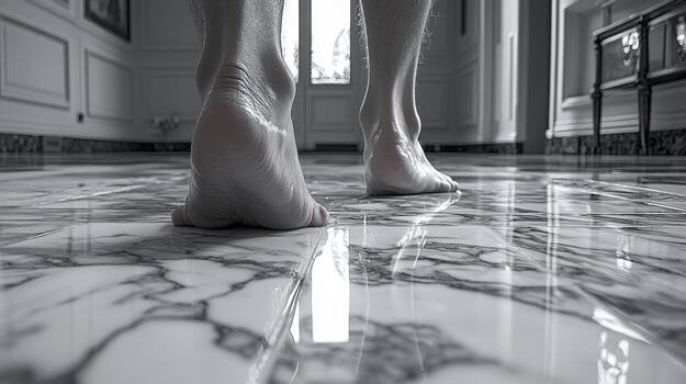 Soft steps touch cool gleaming marble of vast mansion where feelings of warmth and chill intertwine in moment captures elegance and solitude photo