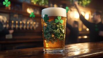 frosty pint of green beer sits on rustic wooden counter in Irish pub. Patrons enjoy festive atmosphere raising their glasses amidst shamrock decorations and warm lighting photo