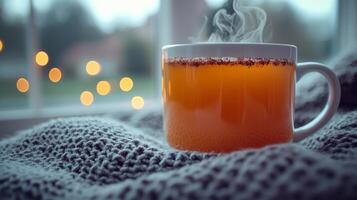 Enjoy warmth of steaming mug of spiced tea surrounded soft fairy lights and cozy blanket capturing essence of relaxation during festive season photo