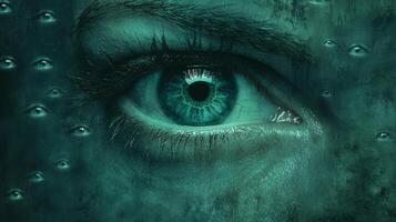 massive eye glows center encircled numerous smaller eyes in darkness. Together they evoke feeling of being watched blending beauty and eeriness into captivating experience photo