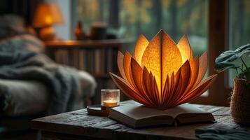 ad highlights creative bookshop featuring unique geolocation symbol made from stacked open books. Warm lighting creates cozy atmosphere perfect for enjoying good read photo