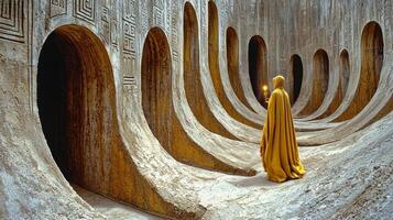 person in golden warrior's robe cautiously navigates massive labyrinth high stone walls illuminated soft glow of flickering torch sensing unseen eyes photo