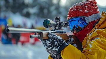 In snowy biathlon competition athlete in bright gear aims rifle target. Their concentration is evident as spectators cheer in blurred background enhancing atmosphere photo