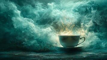ancient tea ceremony unfolds in dark atmosphere where rising steam from antique cup entwines mystical herbs. Glowing runes shimmer in mist creating enchanting aura photo
