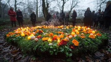 Pagans gather in serene morning atmosphere around earth altar adorned symbols of spring. Candles lit and incense smoke rises while flowers and eggs enhance sacred space photo