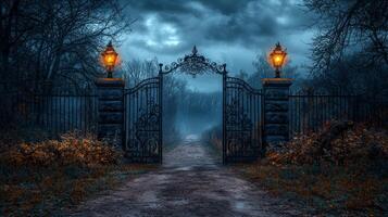 massive black iron gate featuring intricate engravings stands partially open revealing shadowy path. Cerberus growls nearby his red eyes piercing gloom stormy skies photo