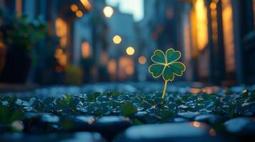 unique four leaf clover stands tall among numerous three leaf shamrocks. Sunlight highlights its vibrant green leaves showcasing its rarity and symbolizing good fortune photo