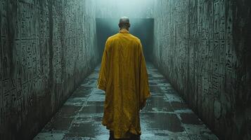 towering maze ancient symbols forms labyrinthine path. solitary figure in golden robe navigates cautiously torch flickering amidst uncertainty photo