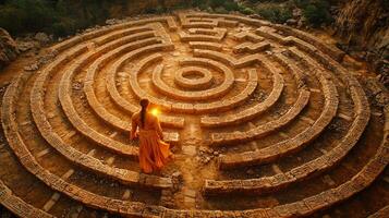 colossal maze towering stone walls and ancient engravings unfolds as golden warrior holding flickering torch walks cautiously through winding paths feeling unseen eyes photo