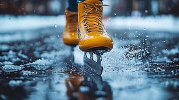 speed skater gains explosive momentum as their blade cuts sharply through ice creating clean trail and sending fine ice particles into air showcasing elegance and power photo