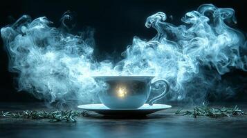 dark and moody ancient tea ceremony features steaming cup as swirling patterns of sage rosemary and thyme rise into air revealing faint glowing runes for magical experience photo