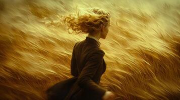 curly blonde haired girl runs energetically through vibrant wheat field her golden curls bouncing each step. sun illuminates golden waves of wheat surrounding her photo