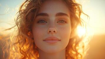 Curly blonde haired girl poses two friends in harmonious triangular arrangement illuminated warm sunset glow enhances their connection and joy photo