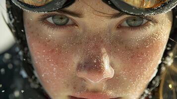 focused speed skater prepares for race their face partially hidden helmet and visor. determination in their eyes is highlighted reflection of arena lights in goggles photo