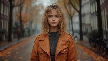Curly blonde haired girl stands confidently in center of serene tree lined pathway. Autumn leaves create colorful backdrop enhancing her vibrant presence in autumn season photo