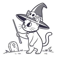 A cat with a skull wearing a magician's hat and holding a wand vector