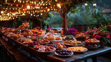 Long wooden tables are adorned dates baklava and fruit platters while aromatic tea pots sit amid warm festive atmosphere created twinkling fairy lights celebrating Eid al Fitr photo