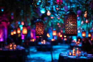 Elegant Moroccan lanterns hang against deep blue backdrop casting intricate patterns. glowing light enhances festive mood celebrating traditions of Eid al Fitr family gatherings photo