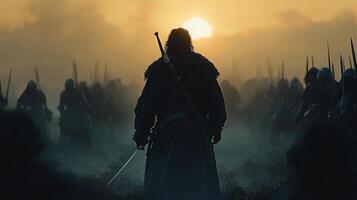 Amidst overwhelming horde of native warriors battered Spanish conquistador defiantly raises his sword against backdrop of setting sun creating moment of intense drama photo