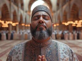 dedicated Imam stands hands raised in prayer before beginning Takbir. Worshippers behind him reflect moment of unity and devotion during Eid al Fitr mosque photo