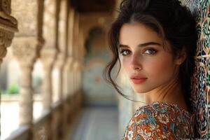 Dressed in richly embroidered Moroccan kaftan woman gazes into distance on traditional tiled balcony her eyes enhanced kohl celebrating significant cultural event photo