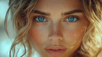 curly blonde haired girl gazes into camera deep blue eyes. Soft golden curls frame her face against blurred background of warm bokeh lights highlighting her beauty photo