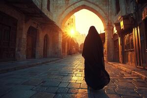 Muslim woman in flowing black abaya walks through historic marketplace as sunlight filters through wooden archways creating golden reflections on cobblestone ground photo