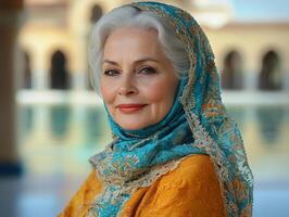 warm scene features elderly Muslim woman in embroidered hijab soft focus mosque behind her embodying unity during Eid al Fitr photo