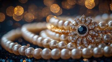 advertisement showcases luxurious geolocation pin crafted sparkling diamonds gold chains and elegant pearl necklaces set against dark velvet background photo