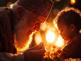 elderly Muslim man and small orphaned child share moment of joy and warmth soft sunlight embodying love and togetherness during festive celebration of unity photo