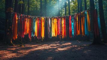 Participants engage in spiritual rituals within serene grove surrounded ancient trees draped in colorful ribbons while sunlight filters through canopy creating magical atmosphere photo