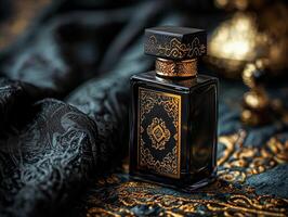 Close up view of ornate Arabian sandalwood perfume bottle placed near neatly folded bisht and keffiyeh on rich velvet surface showcasing cultural heritage and celebration photo