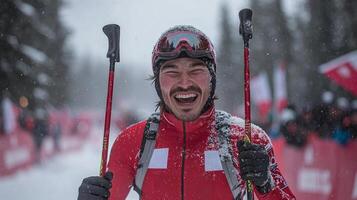 athlete experiences pure joy and exhaustion while crossing finish line in first place ski poles raised in triumph as snow sprays around them and crowd cheers enthusiastically photo