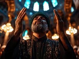 In luminous mosque Imam raises his hands in preparation for Takbir guiding worshippers in Maghrib prayer. atmosphere reflects unity and devotion during Eid al Fitr photo