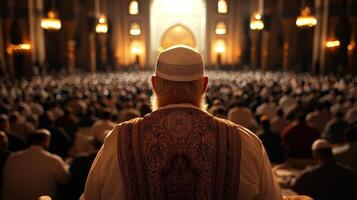 Imam leads Khutbah full of wisdom and inspiration as large congregation listens intently in intricately designed mosque highlighting unity and faith among worshippers photo