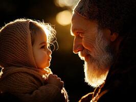 elderly Muslim man cradles small orphaned child close both smiling in soft sunlight photo