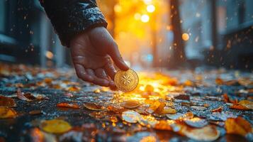 In moment of serendipity individual bends down on sunlit sidewalk pick up old golden coin featuring lucky symbol as subtle rainbow glows in background photo