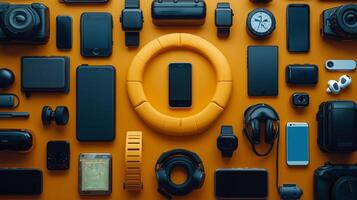 captivating arrangement of smartphones smartwatches and wireless earbuds forms geolocation symbol set against minimalistic cool toned background expressing modern technology photo