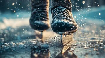 speed skater expertly glides across ice blade making contact and creating stunning spray of ice. intensity of moment showcases athletic precision and energy photo