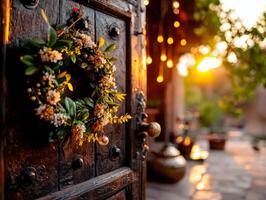 beautifully crafted Eid wreath hangs on wooden door embellished jasmine flowers and golden beads. Soft fairy lights twinkle as sun sets creating festive atmosphere photo