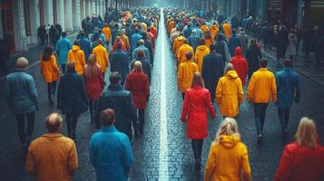 large crowd in muted attire walks purposefully left along wide road. In stark contrast single individual in bright clothing stands alone on right side of path photo